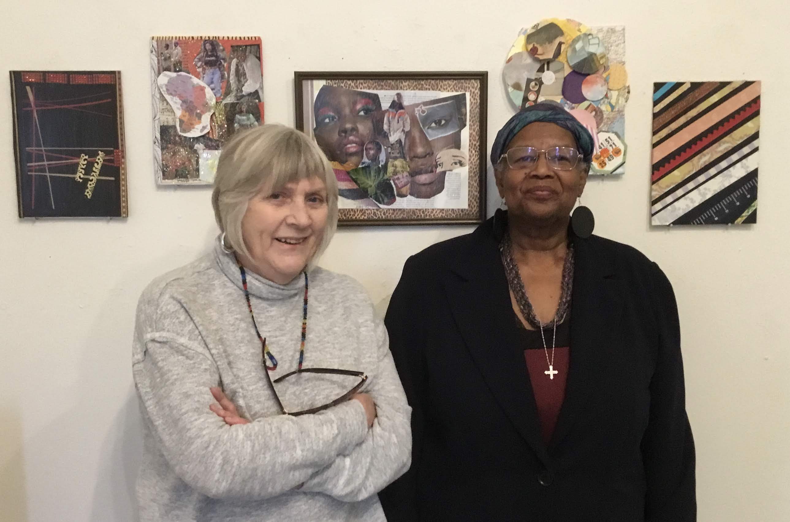 Two people in front of text