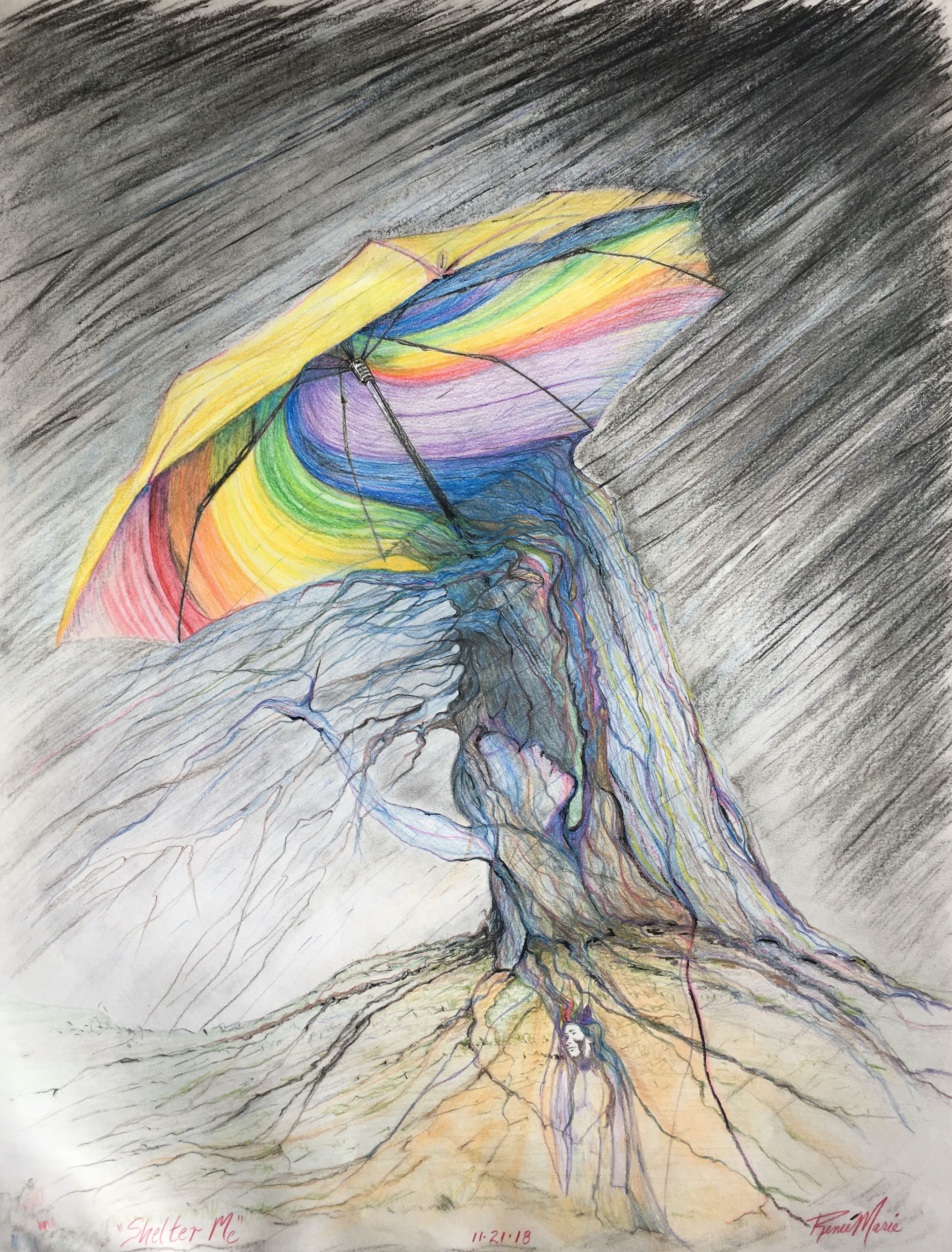Shelter Me Reneé Marie Colored Pencil & Graphite on paper, 2018 26”l X 20”w, $65.00